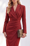 Blue Notched Lapel Ruched Midi Blazer Dress with Slit