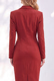 Blue Notched Lapel Ruched Midi Blazer Dress with Slit