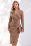 Blue Notched Lapel Ruched Midi Blazer Dress with Slit