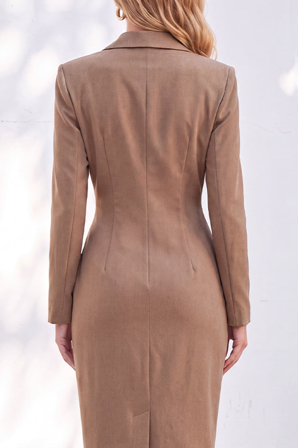 Blue Notched Lapel Ruched Midi Blazer Dress with Slit