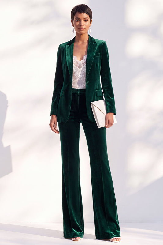 Dark Green One Button Peak Lapel Velvet 2 Piece Work Suits