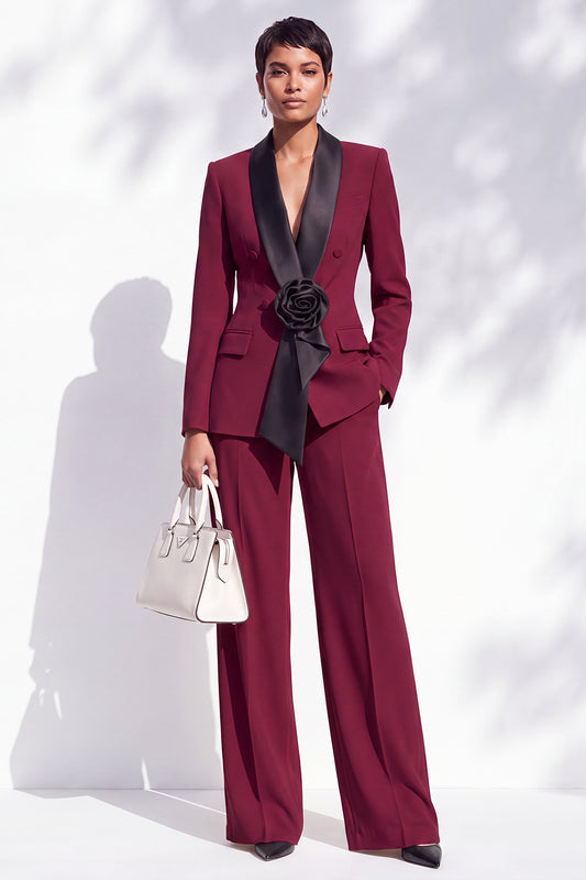 Burgundy Shawl Lapel Double Breasted 2 Piece Work Suits with 3D Flower