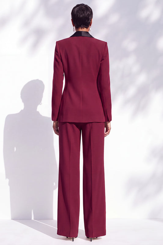 Burgundy Shawl Lapel Double Breasted 2 Piece Work Suits with 3D Flower