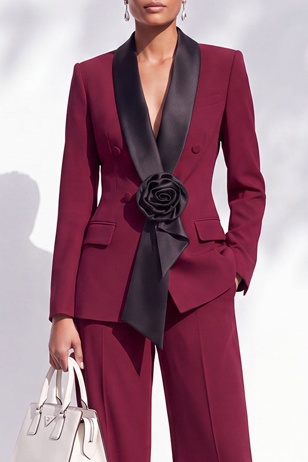 Burgundy Shawl Lapel Double Breasted 2 Piece Work Suits with 3D Flower