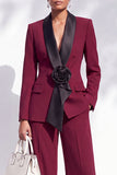 Burgundy Shawl Lapel Double Breasted 2 Piece Work Suits with 3D Flower