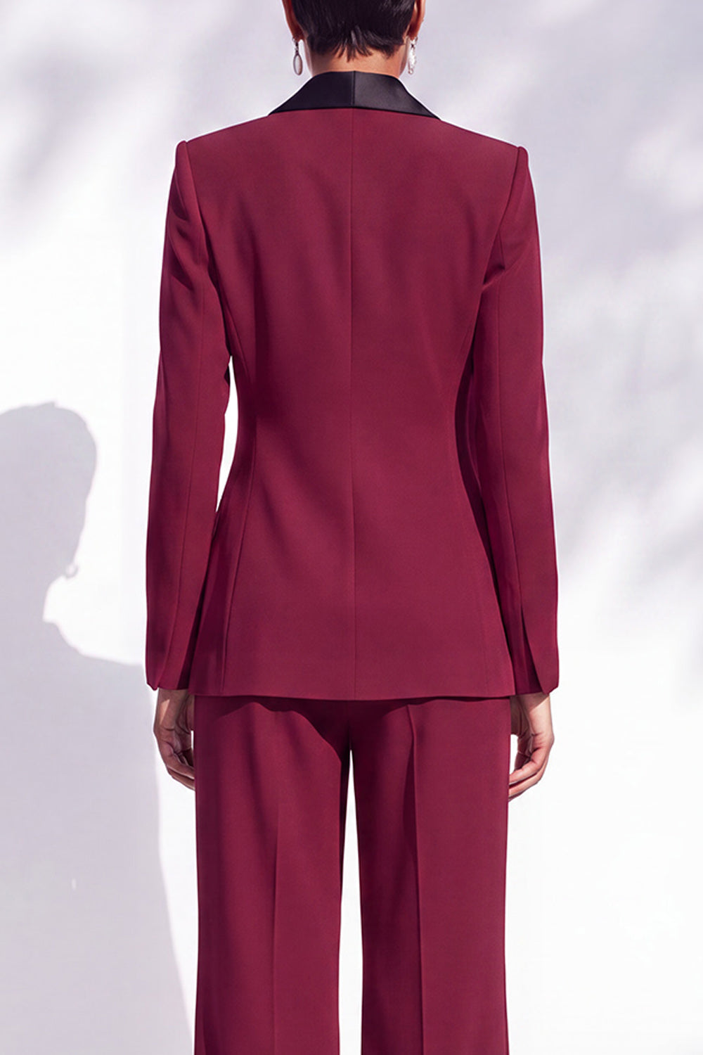 Burgundy Shawl Lapel Double Breasted 2 Piece Work Suits with 3D Flower