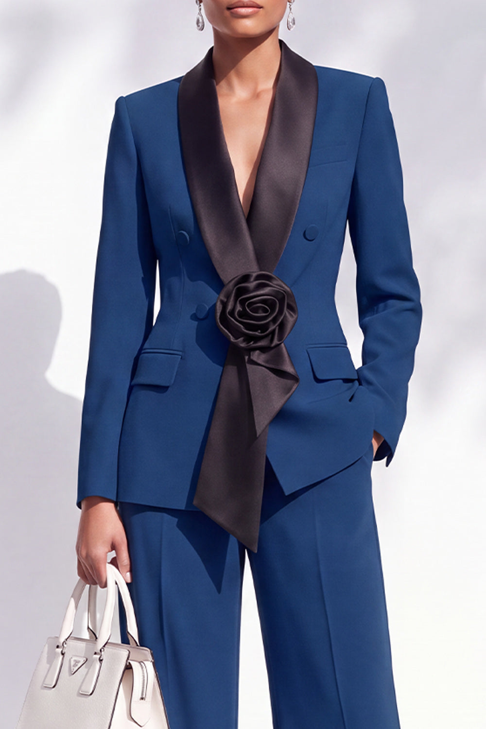 Burgundy Shawl Lapel Double Breasted 2 Piece Work Suits with 3D Flower