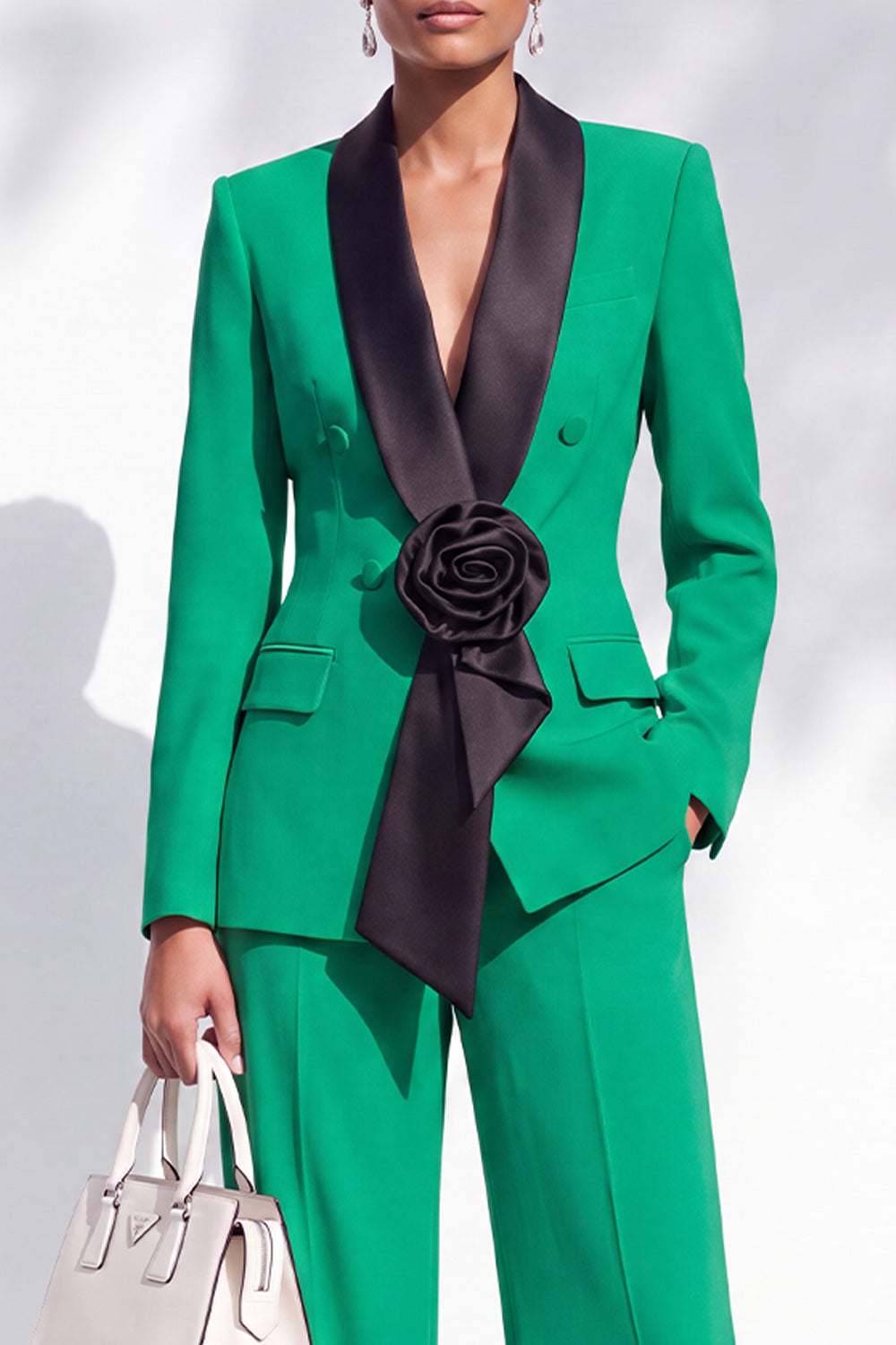 Burgundy Shawl Lapel Double Breasted 2 Piece Work Suits with 3D Flower