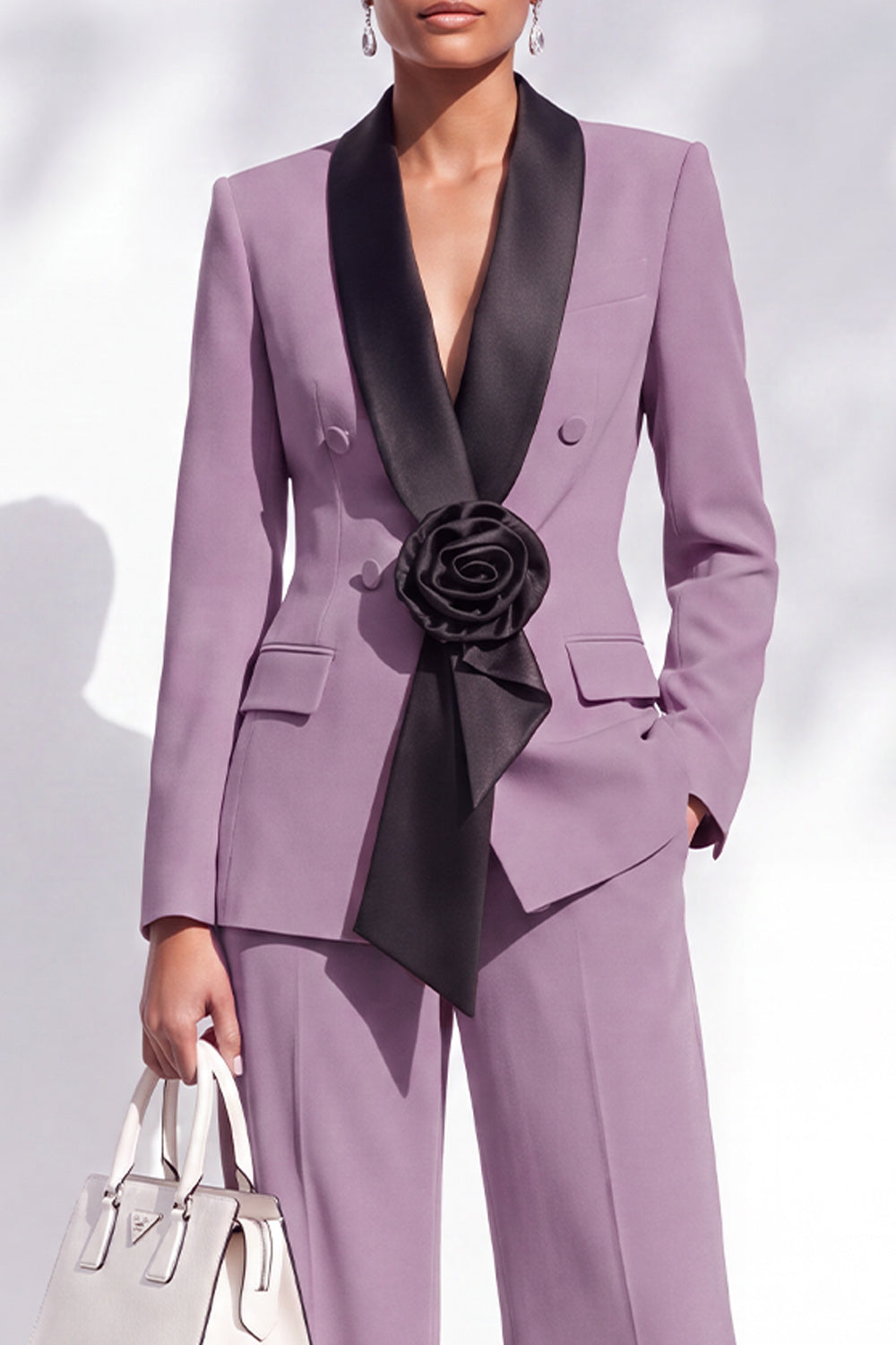 Burgundy Shawl Lapel Double Breasted 2 Piece Work Suits with 3D Flower