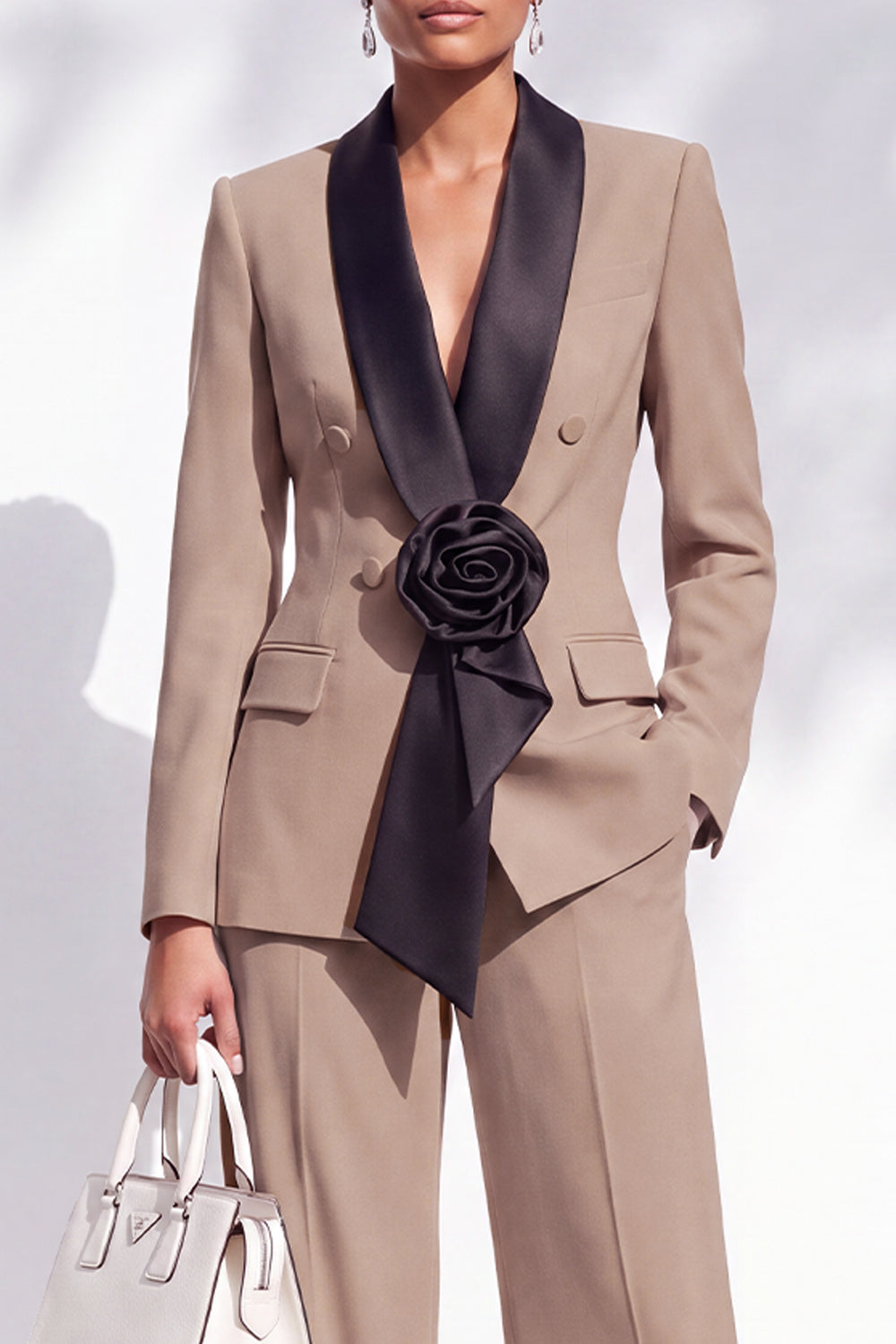 Burgundy Shawl Lapel Double Breasted 2 Piece Work Suits with 3D Flower