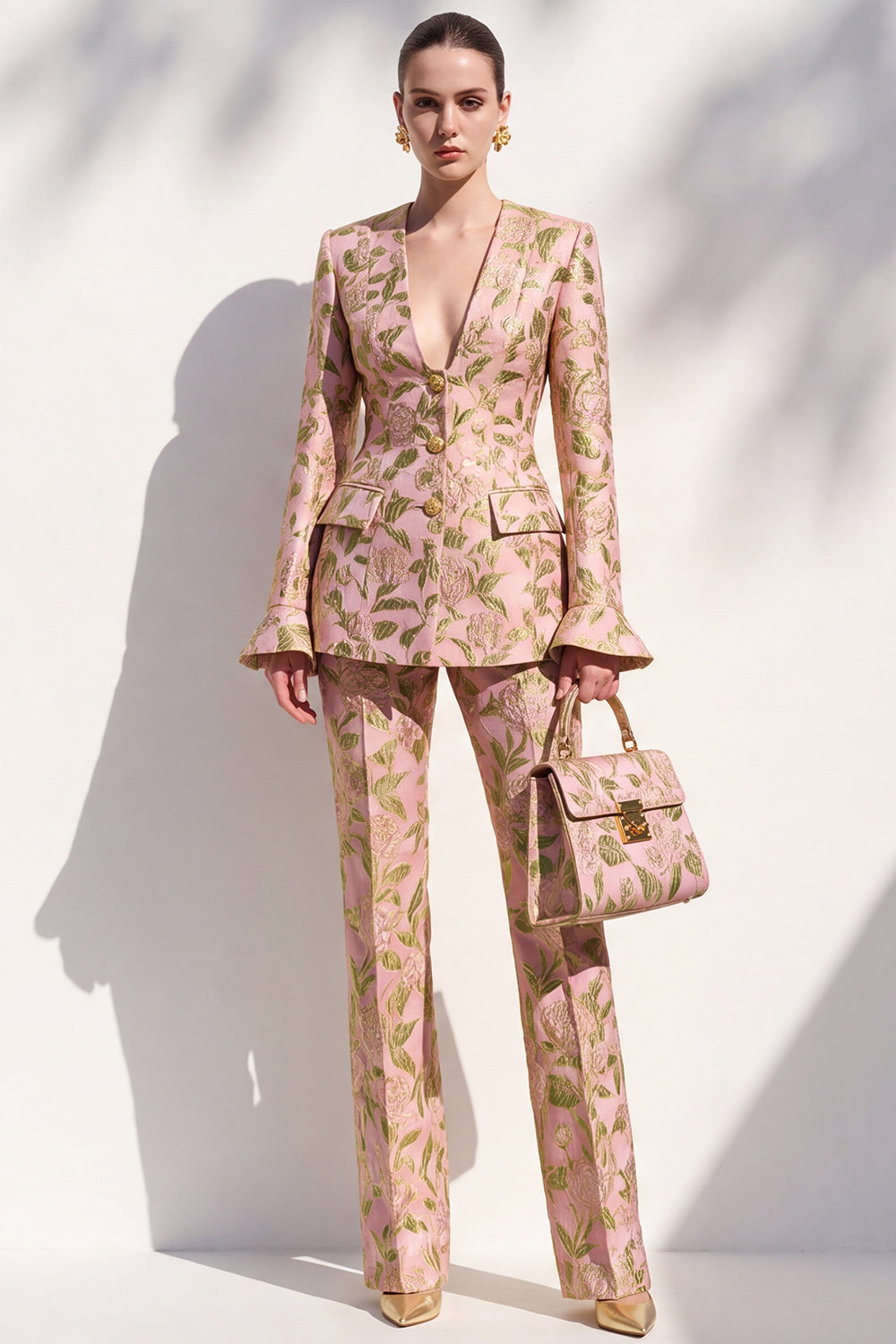 Brown Floral V-Neck 2-Piece Slim Fit Prom Suits with Pocket