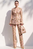 Brown Floral V-Neck 2-Piece Slim Fit Prom Suits with Pocket