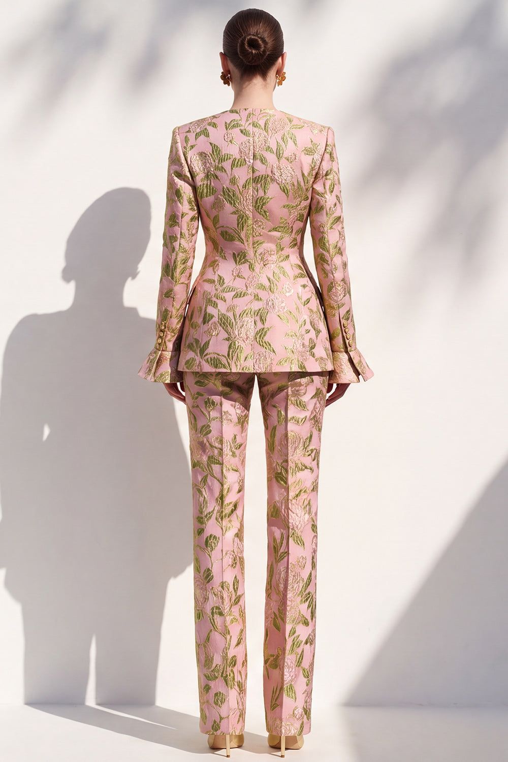 Brown Floral V-Neck 2-Piece Slim Fit Prom Suits with Pocket