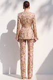 Brown Floral V-Neck 2-Piece Slim Fit Prom Suits with Pocket