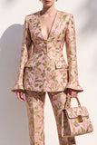 Brown Floral V-Neck 2-Piece Slim Fit Prom Suits with Pocket