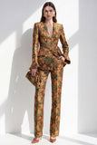 Brown Floral V-Neck 2-Piece Slim Fit Prom Suits with Pocket