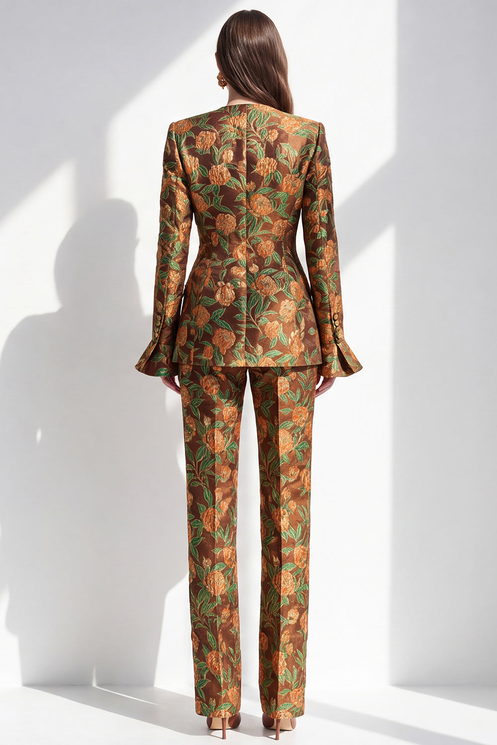 Brown Floral V-Neck 2-Piece Slim Fit Prom Suits with Pocket