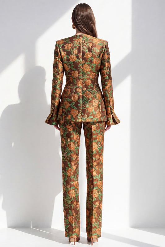 Brown Floral V-Neck 2-Piece Slim Fit Prom Suits with Pocket