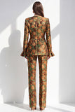 Brown Floral V-Neck 2-Piece Slim Fit Prom Suits with Pocket