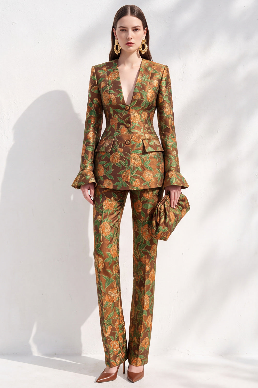 Brown Floral V-Neck 2-Piece Slim Fit Prom Suits with Pocket