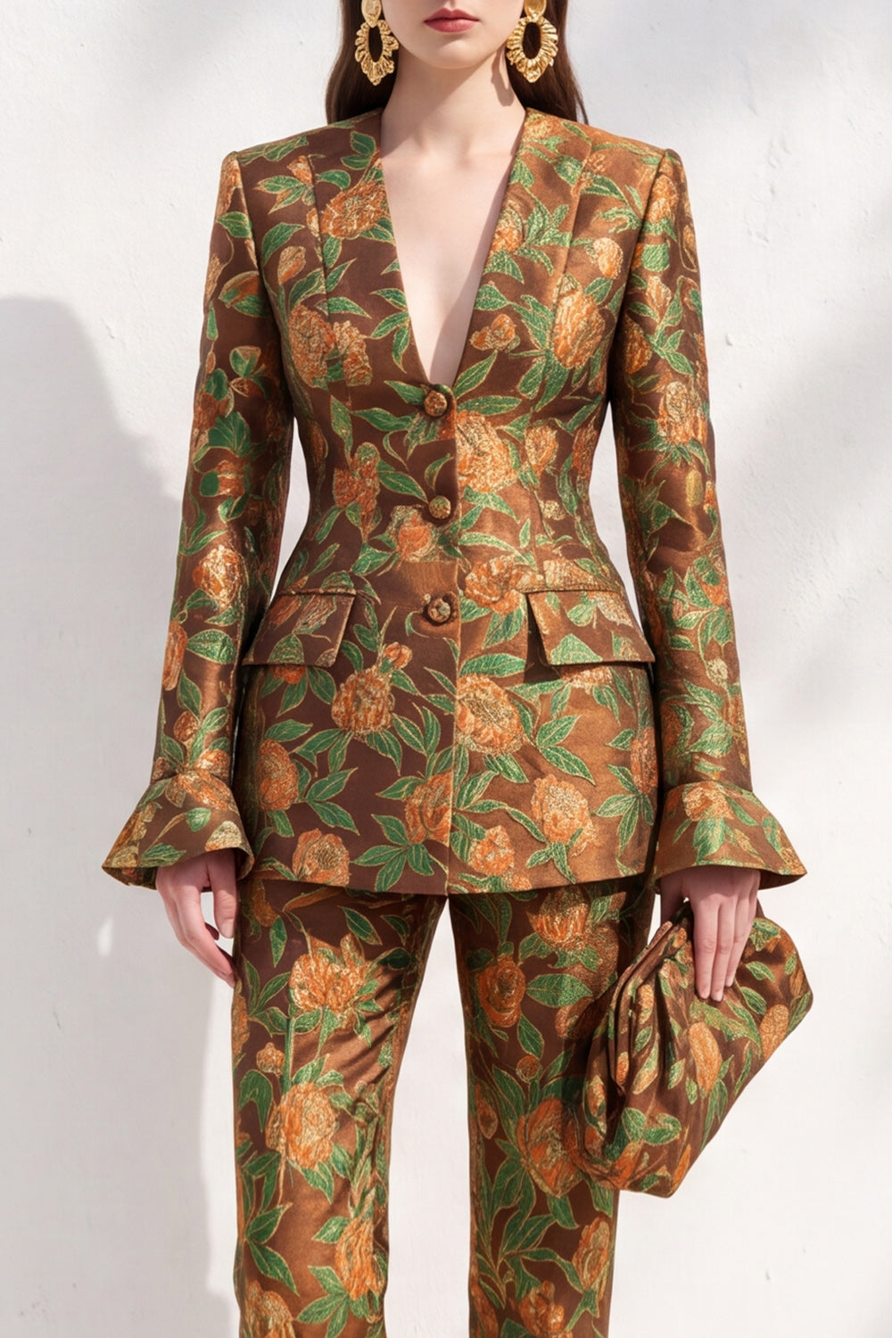Brown Floral V-Neck 2-Piece Slim Fit Prom Suits with Pocket