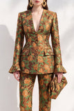 Brown Floral V-Neck 2-Piece Slim Fit Prom Suits with Pocket
