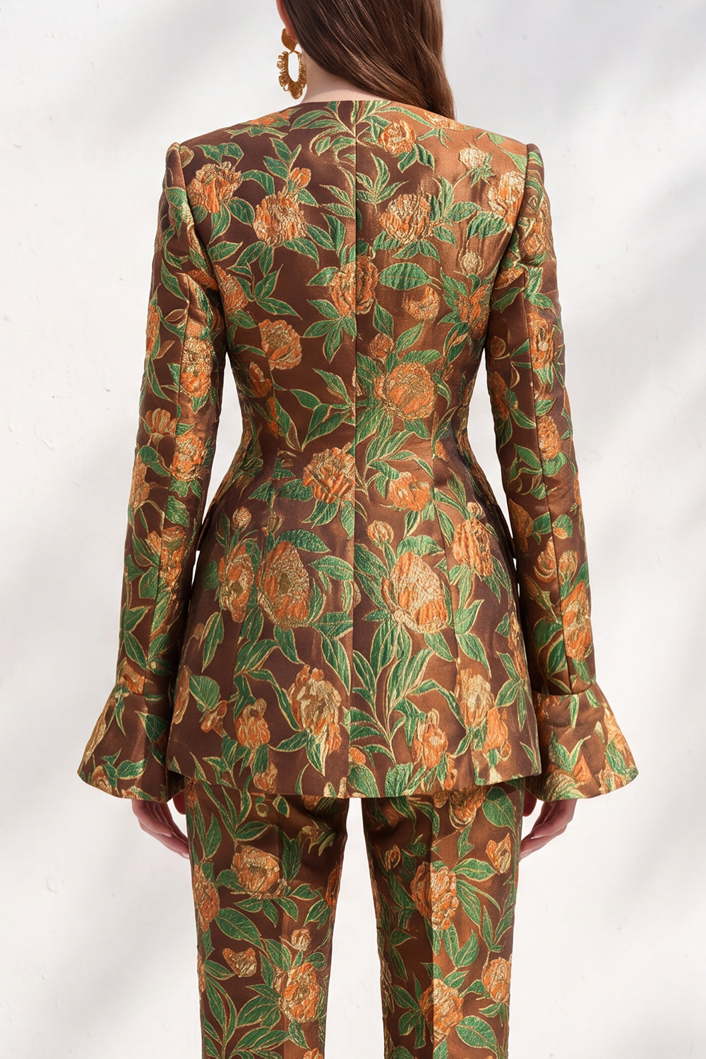Brown Floral V-Neck 2-Piece Slim Fit Prom Suits with Pocket