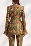 Brown Floral V-Neck 2-Piece Slim Fit Prom Suits with Pocket