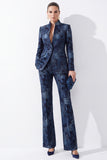 Dark Blue Floral High Neck 2-Piece Slim Fit Work Suits with Pocket