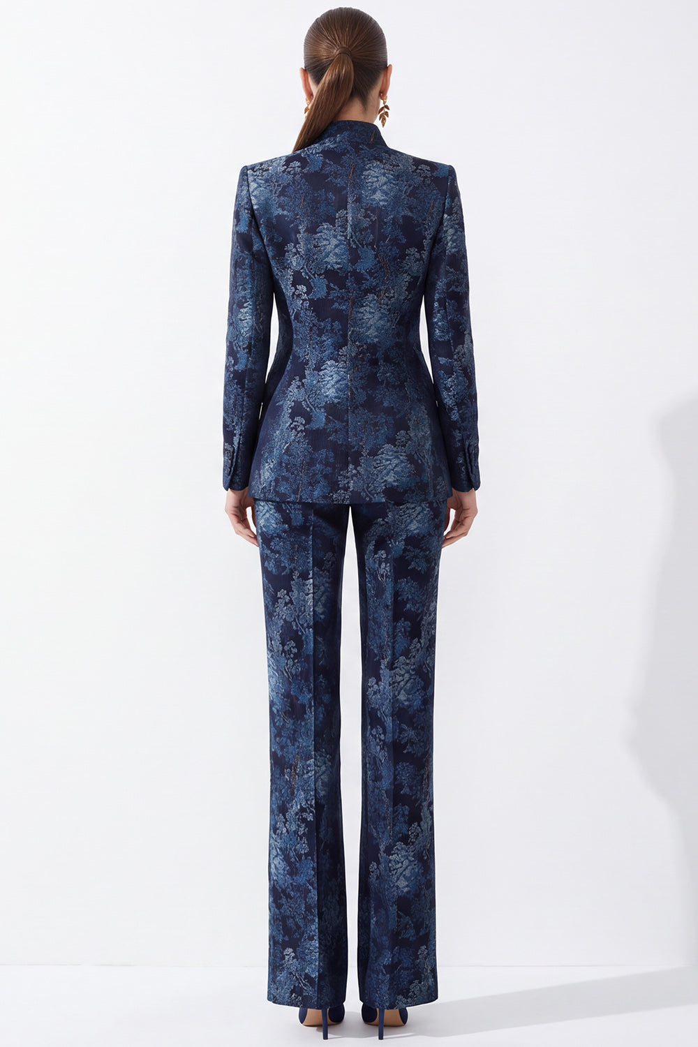 Dark Blue Floral High Neck 2-Piece Slim Fit Work Suits with Pocket