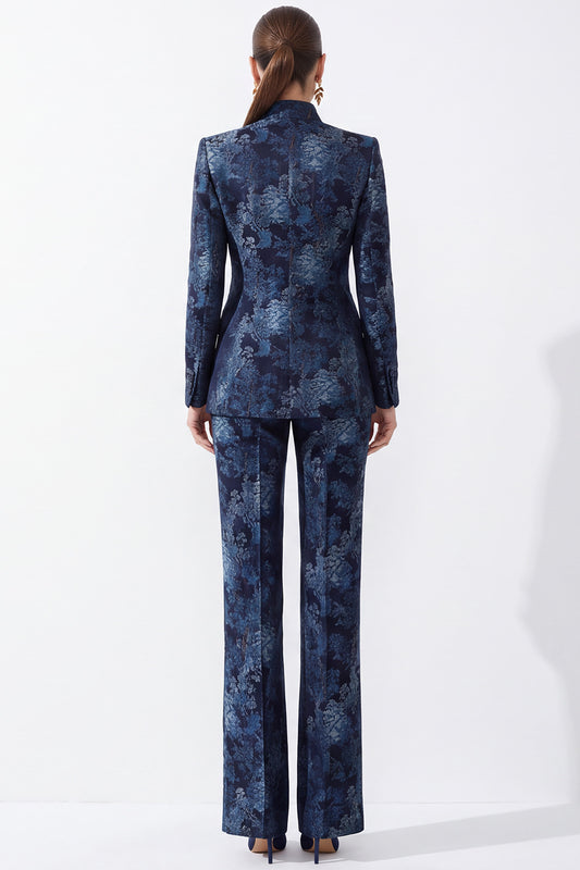 Dark Blue Floral High Neck 2-Piece Slim Fit Work Suits with Pocket
