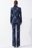 Dark Blue Floral High Neck 2-Piece Slim Fit Work Suits with Pocket