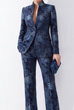 Dark Blue Floral High Neck 2-Piece Slim Fit Work Suits with Pocket