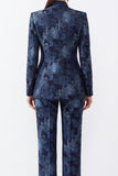 Dark Blue Floral High Neck 2-Piece Slim Fit Work Suits with Pocket