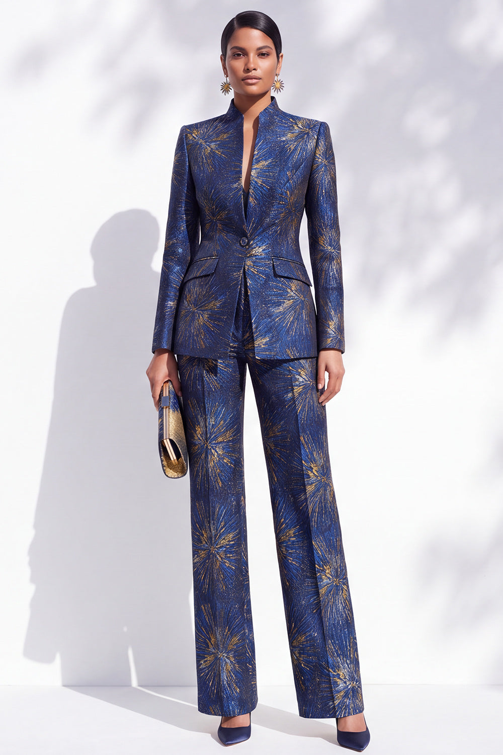 Dark Blue Floral High Neck 2-Piece Slim Fit Work Suits with Pocket