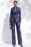 Dark Blue Floral High Neck 2-Piece Slim Fit Work Suits with Pocket