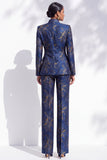 Dark Blue Floral High Neck 2-Piece Slim Fit Work Suits with Pocket