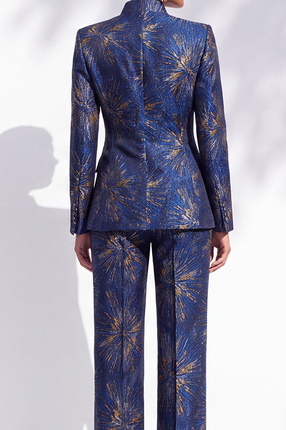 Dark Blue Floral High Neck 2-Piece Slim Fit Work Suits with Pocket