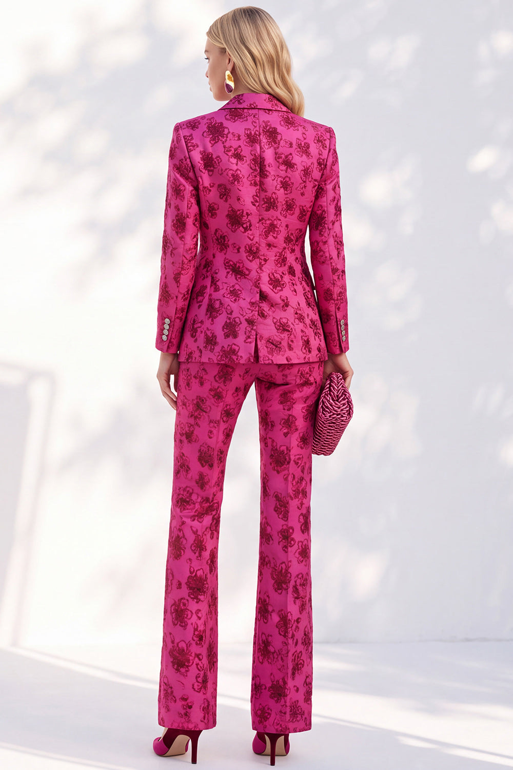 Fuchsia Floral Jacquard Peak Lapel 2-Piece Slim Fit Prom Suits