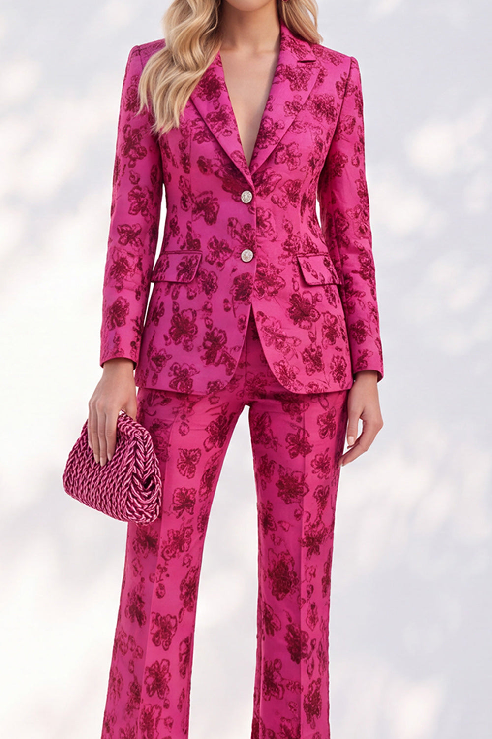 Fuchsia Floral Jacquard Peak Lapel 2-Piece Slim Fit Prom Suits