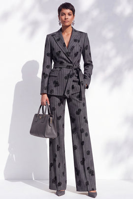 Dark Grey Striped Peak Lapel Floral 2-Piece Work Suits with Sash