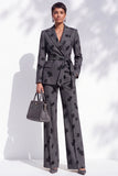 Dark Grey Striped Peak Lapel Floral 2-Piece Work Suits with Sash