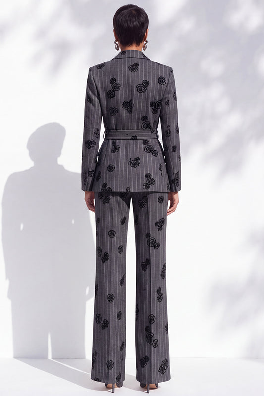 Dark Grey Striped Peak Lapel Floral 2-Piece Work Suits with Sash