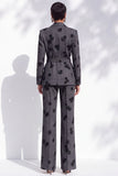Dark Grey Striped Peak Lapel Floral 2-Piece Work Suits with Sash