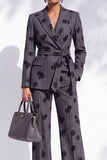 Dark Grey Striped Peak Lapel Floral 2-Piece Work Suits with Sash