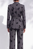 Dark Grey Striped Peak Lapel Floral 2-Piece Work Suits with Sash