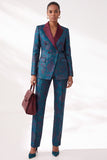 Dark Blue Jacquard Floral Peak Lapel Slim Fit 2-Piece Work Suits