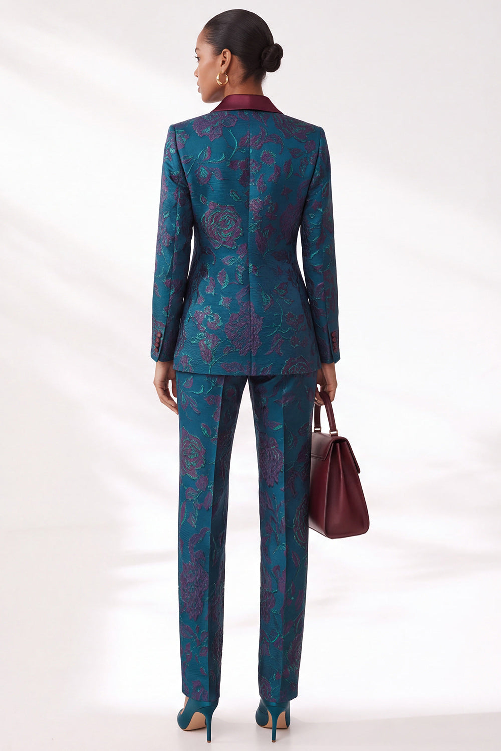 Dark Blue Jacquard Floral Peak Lapel Slim Fit 2-Piece Work Suits