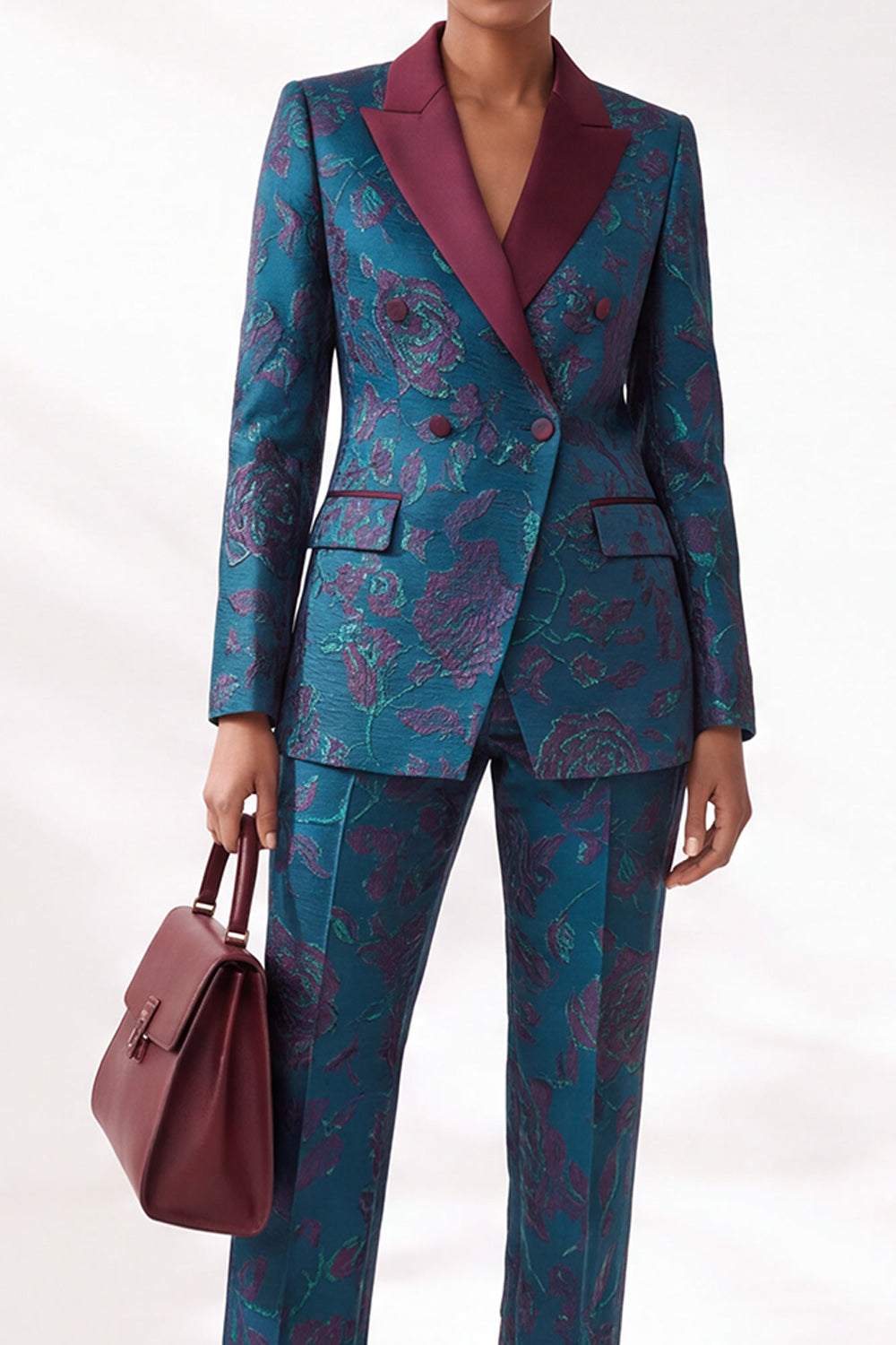 Dark Blue Jacquard Floral Peak Lapel Slim Fit 2-Piece Work Suits