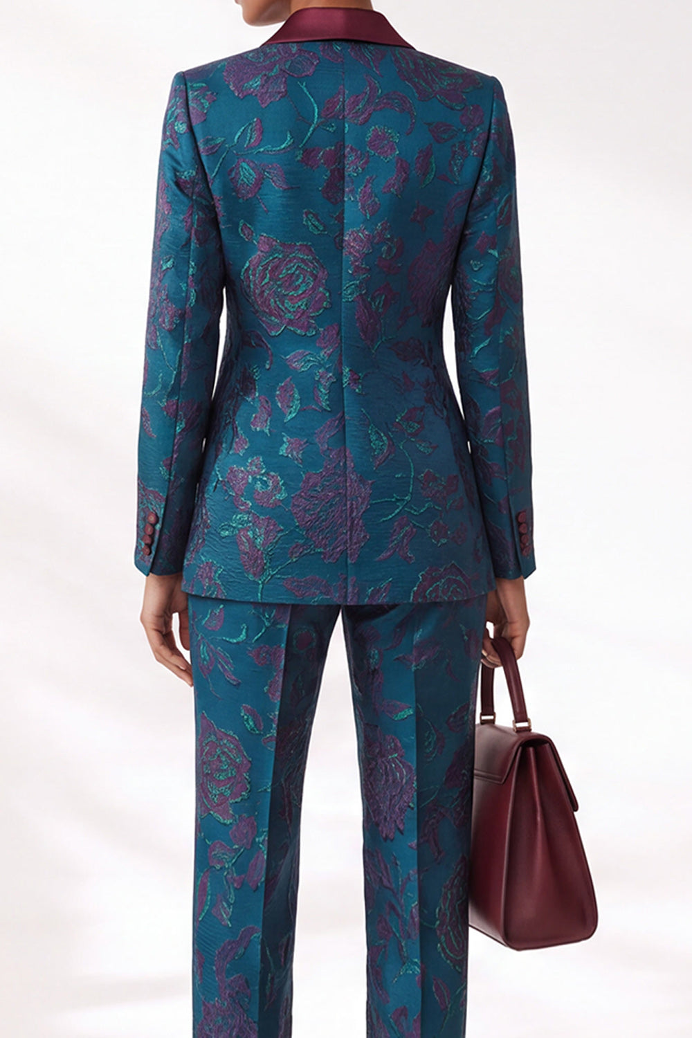 Dark Blue Jacquard Floral Peak Lapel Slim Fit 2-Piece Work Suits